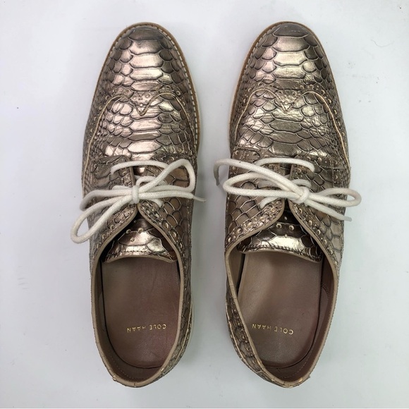 Cole Haan Lunargrand wingtip shoes metallic gold faux crocodile lace up size 7 - Picture 6 of 11